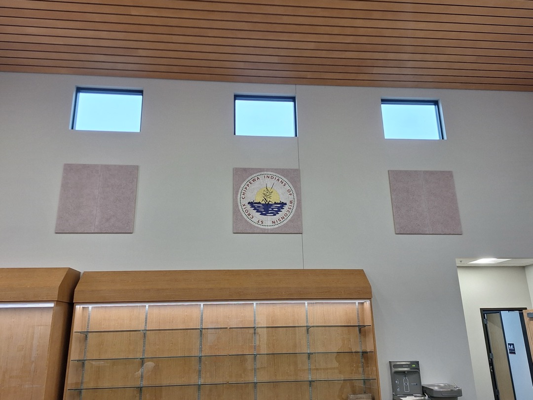 Fabric wrapped acoustical panels in a lobby display area