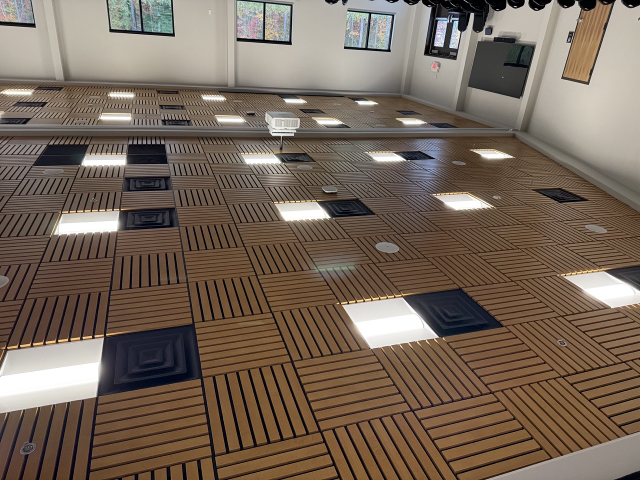 Wood tile pattern ceiling with recessed lighting in a large assembly space